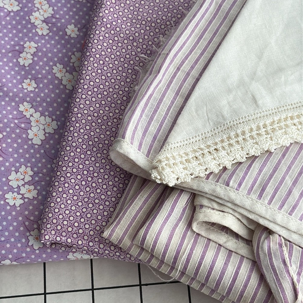 Lavender Vintage Fabric & Textile Bundle – Floral Calico, Antique Skirt Remnant,